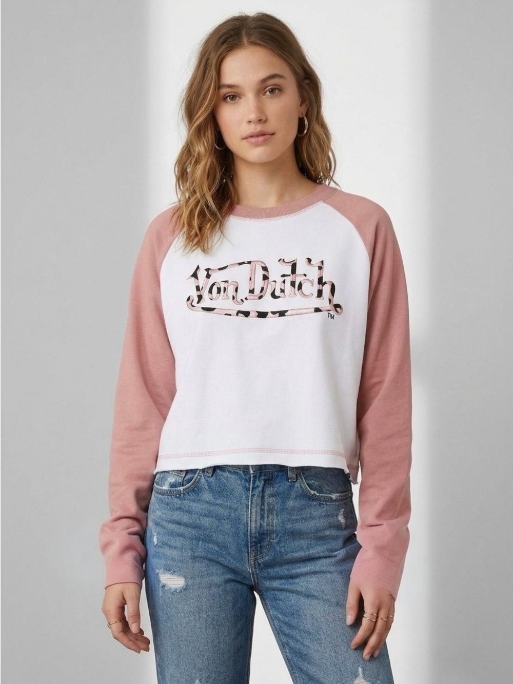 NWT 2024 Von Dutch Women Raglan Crop Sweatshirt XL Dirty Pink Cheetah Flying Eye